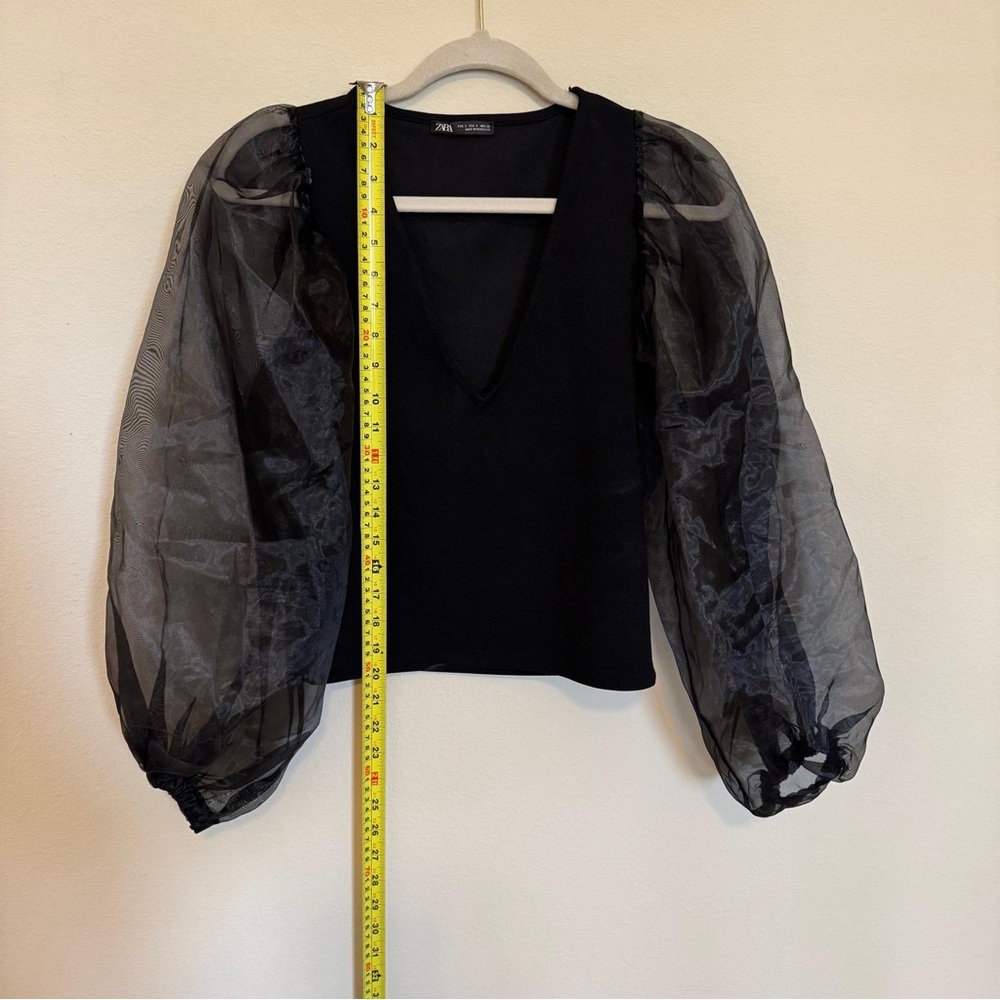 Zara | Black V-Neck Top with Sheer Organza Puff Sleeves | Size Small